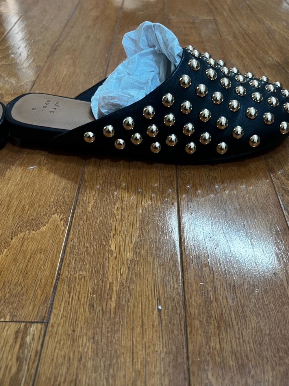 Studded Black Slip-On Mules with Gold Accents - Picture 11 of 13